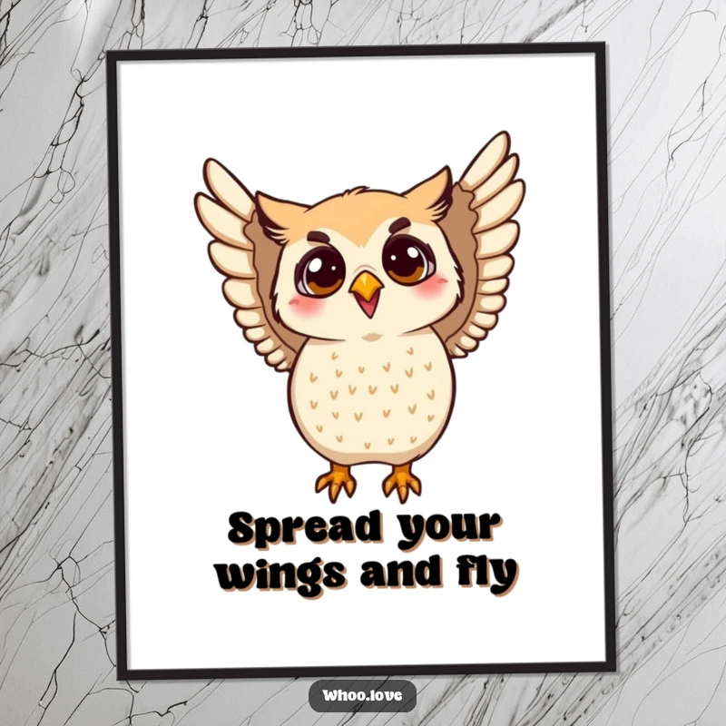 Free Printable Wall Art featuring an owl character enthusiastically flapping its wings, conveying dynamism and joy