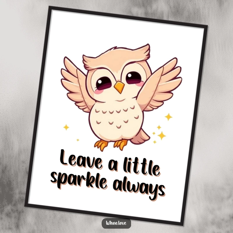 Funny Free Printable Wall Art: Joyful owl fluttering wings and leaving a sparkly trail, a downloadable piece of enchanting art.