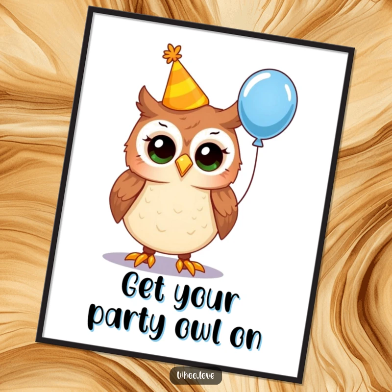 Funny Free Printable Wall Art: Owl wearing a crooked party hat and holding a balloon, a downloadable piece of festive art.
