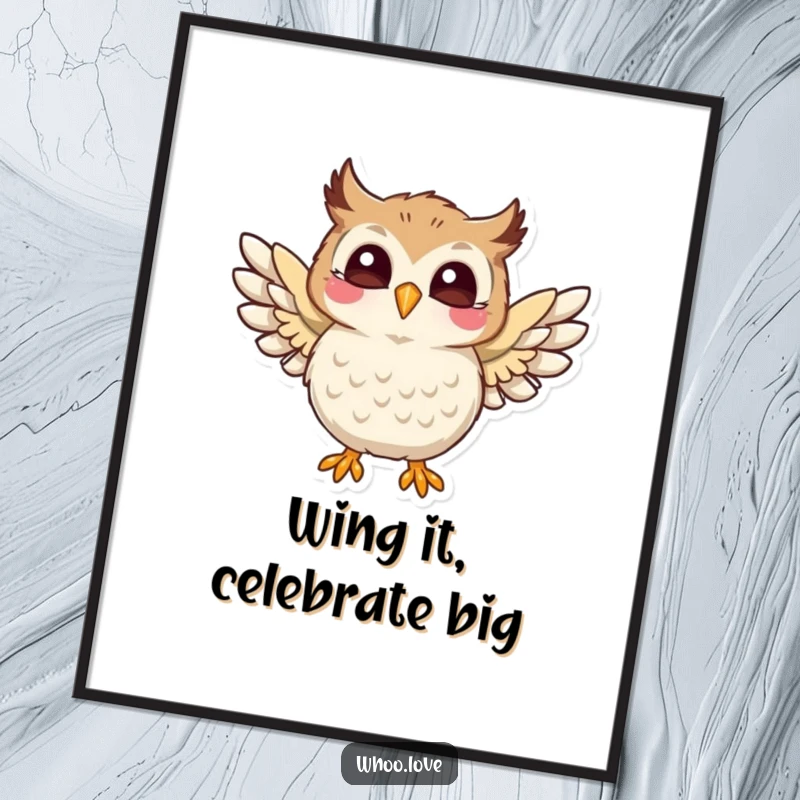 Funny Free Printable Wall Art showing a joyful owl flapping its wings with glee, energetic downloadable decor for a playful atmosphere.