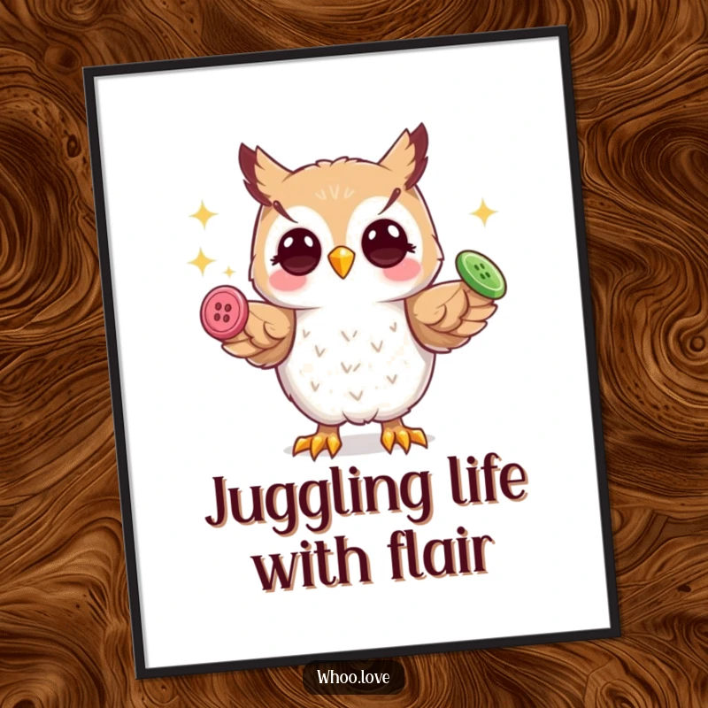 Funny free printable wall art of a playful owl character impressively juggling three shiny buttons with its sharp talons.