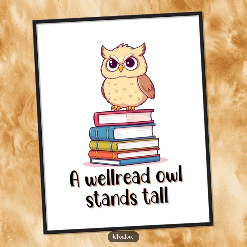 Funny Free Printable Wall Art: A fluffy owl balancing precariously on a tall stack of books with a determined grin.