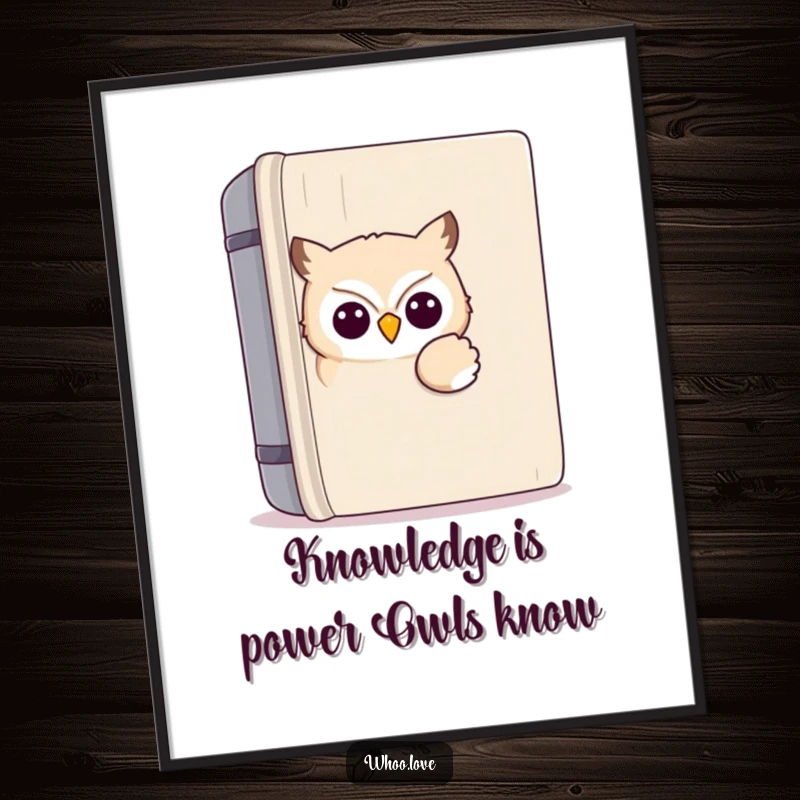 Funny Free Printable Wall Art featuring a kawaii owl peeking from behind a large book, whimsical downloadable home decor.