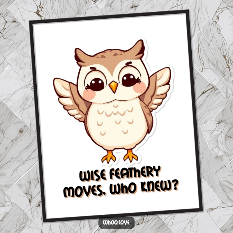 Funny Free Printable Wall Art: An energetic owl doing a spirited wing shimmy, radiating happiness and playful vibes, perfect for decor.