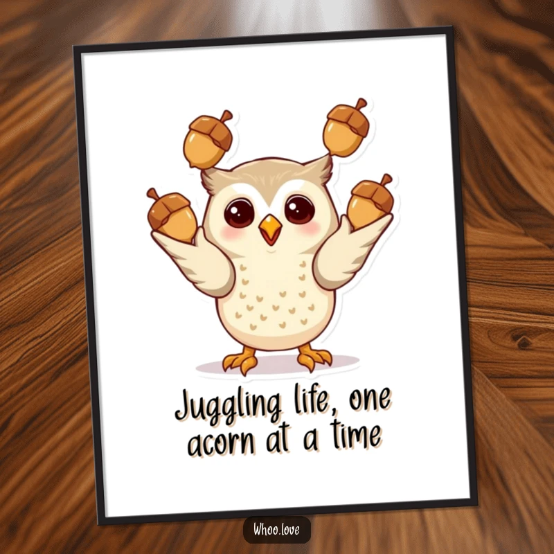 Free Printable Wall Art: A giddy owl in mid-air, skillfully juggling three shiny acorns, showcasing playful energy and whimsical decor potential.