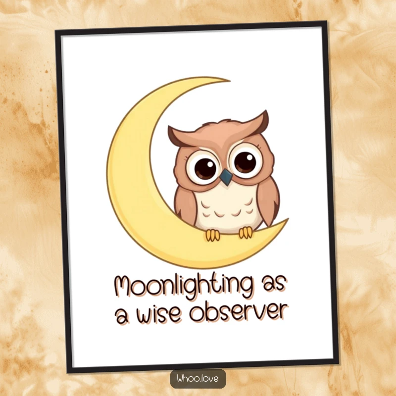 Funny Free Printable Wall Art: Comical owl with big googly eyes peeking curiously from behind a giant crescent moon.