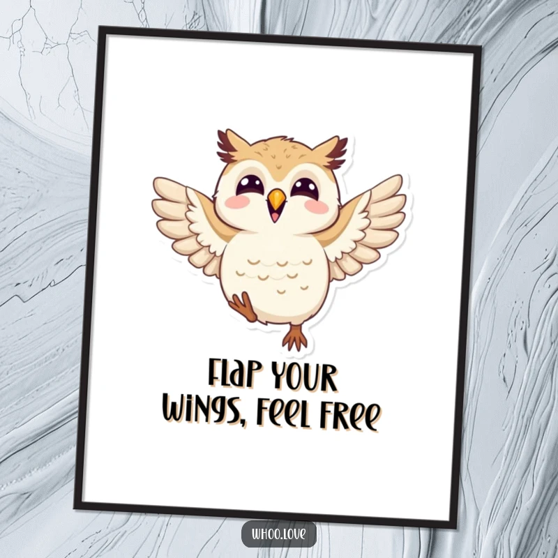Funny Free Printable Wall Art of a joyful owl character energetically flapping its wings, a delightful downloadable piece.
