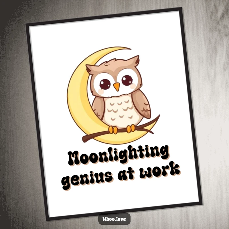 Funny Free Printable Wall Art of a content owl happily perched on a crescent moon, a serene downloadable piece.