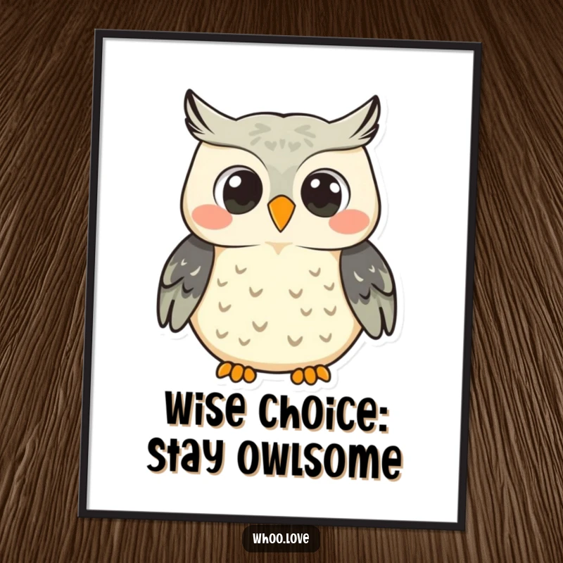 Funny Free Printable Wall Art: A happy owl character hooting with a broad, joyful smile, radiating cheerfulness.