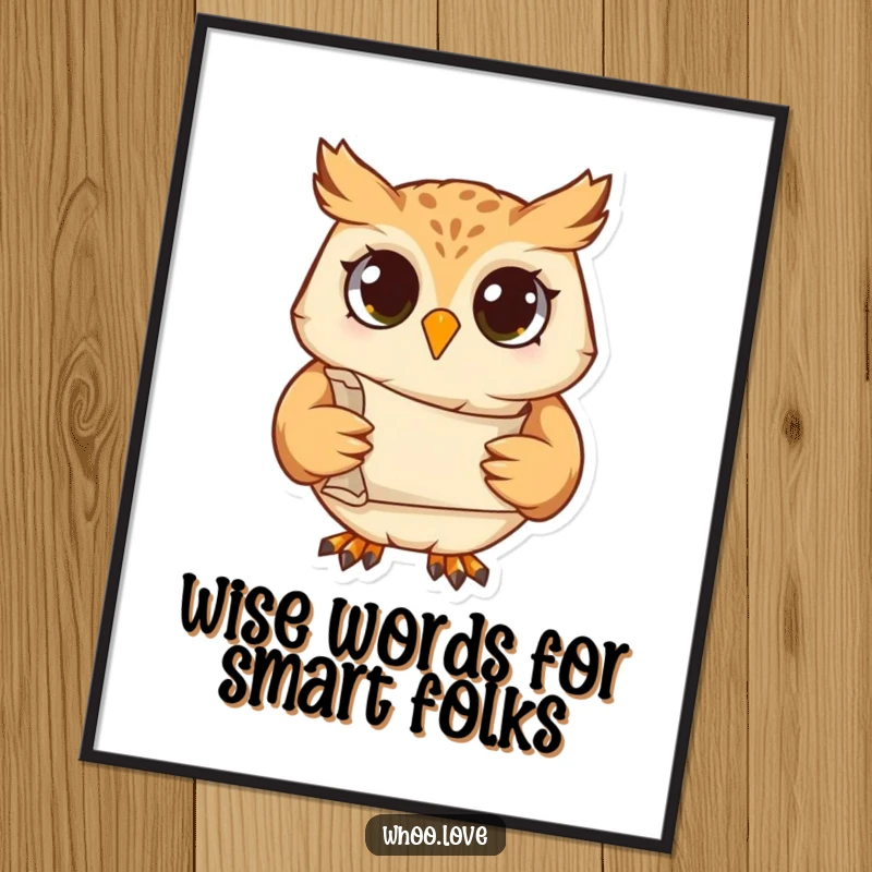 Funny Free Printable Wall Art of a studious owl character holding a scroll, looking wise and ready to teach.