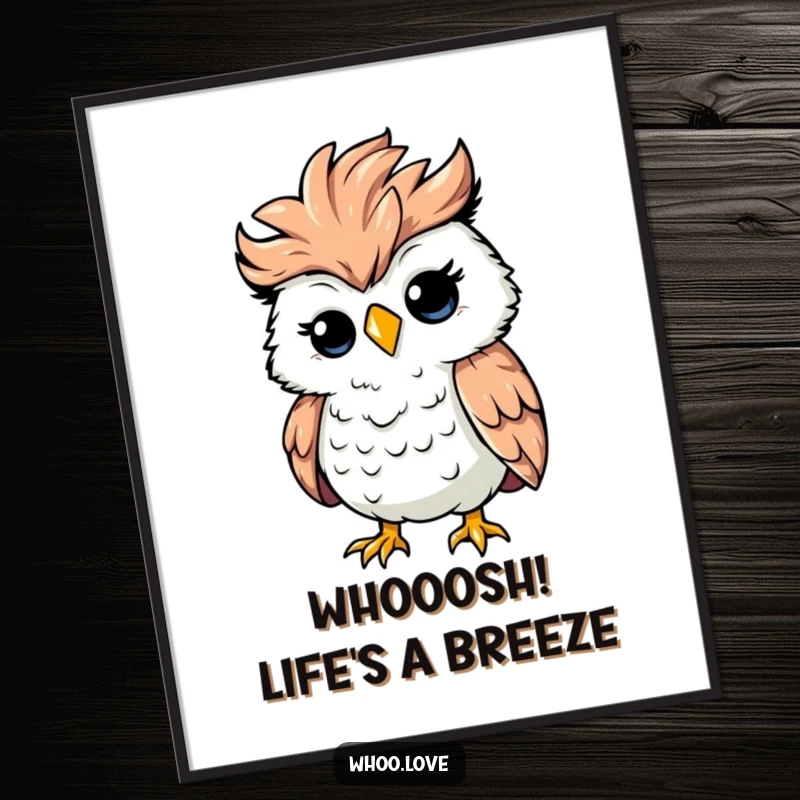 Funny Free Printable Wall Art: Silly owl with feathers ruffled, caught in a strong gust of wind, energetic and amusing.