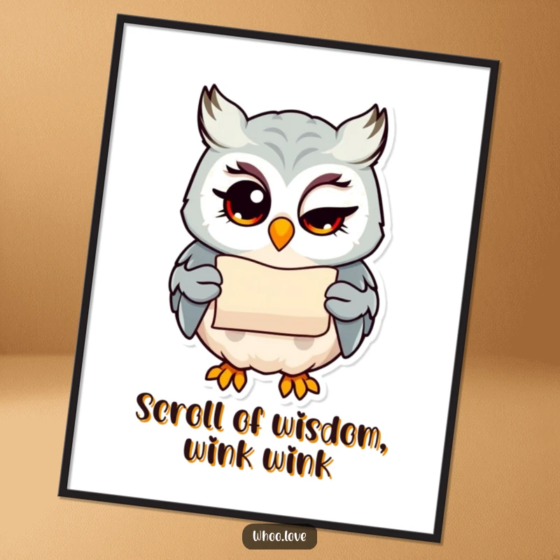 Funny Free Printable Wall Art: Owl character giving a bright wink, holding a tiny scroll, mischievous and charming.