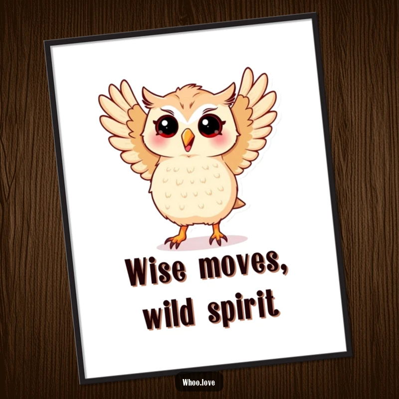 Free Printable Wall Art: Kawaii owl performing a joyful, silly dance with its wings spread wide. Whimsical decor.