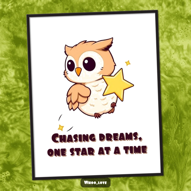 Funny Free Printable Wall Art: Playful owl comically chasing a sparkling whimsical star, creating a magical scene.