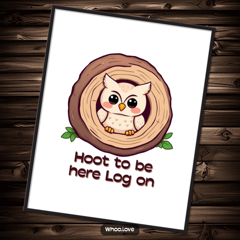 Funny Free Printable Wall Art: A shy kawaii owl with a sweet smile peeks out from the entrance of a log.