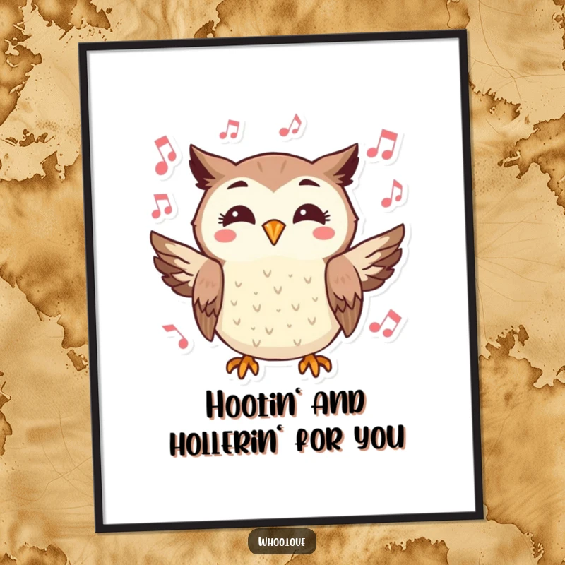Funny free printable wall art depicting a cheerful owl hooting a tune, surrounded by whimsical musical notes.