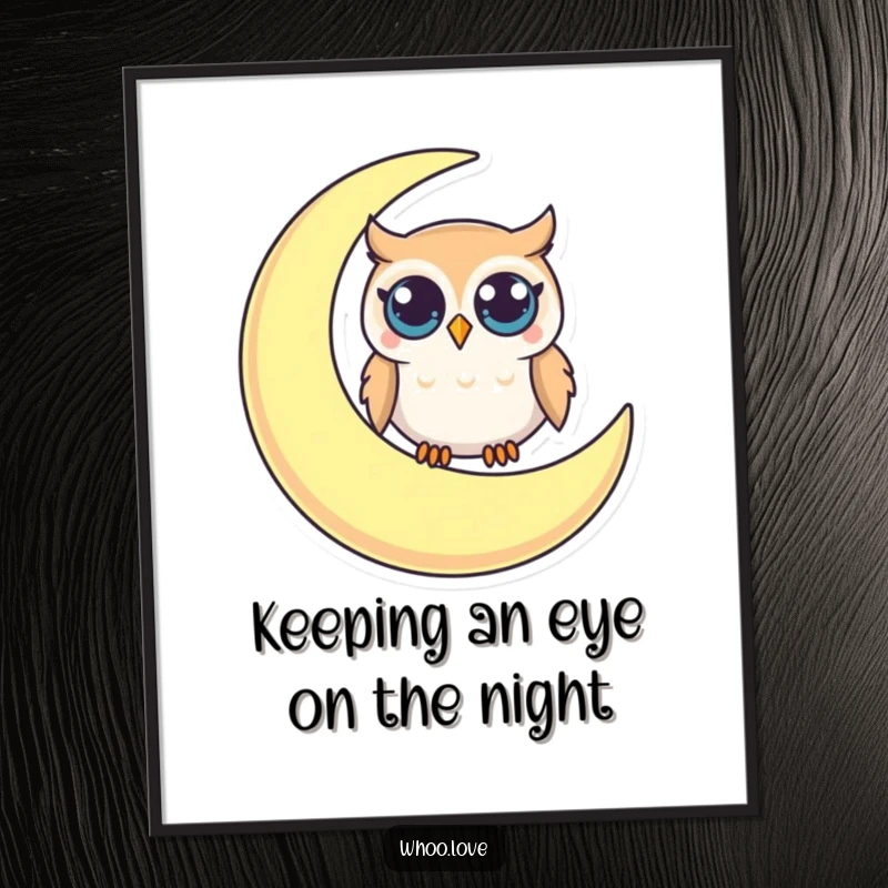 Funny Free Printable Wall Art: Small Owl with Big Curious Eyes Perched Peacefully on a Crescent Moon, Enjoying the Night