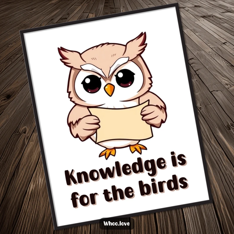 Funny Free Printable Wall Art: A scholarly owl sits with a scroll, looking wise and ready to impart knowledge.