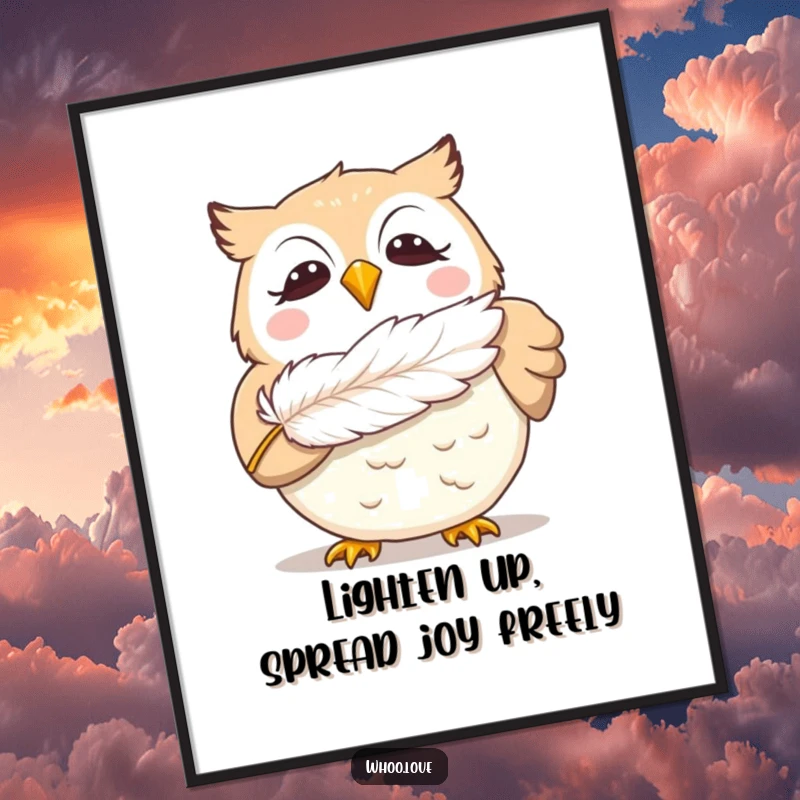 Funny Free Printable Wall Art: Adorable giggling owl blowing a fluffy feather, a downloadable piece of pure joy for your walls.