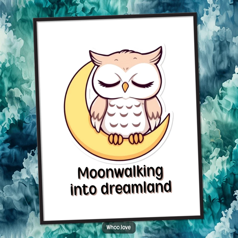Funny Free Printable Wall Art: Sleepy owl with droopy eyes perched on a crescent moon, whimsical and serene.
