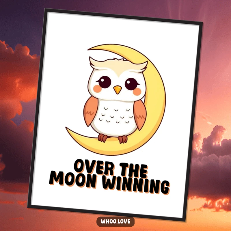 Funny Free Printable Wall Art showing a smiling owl perched on a crescent moon, dreamy downloadable decor for a tranquil atmosphere.