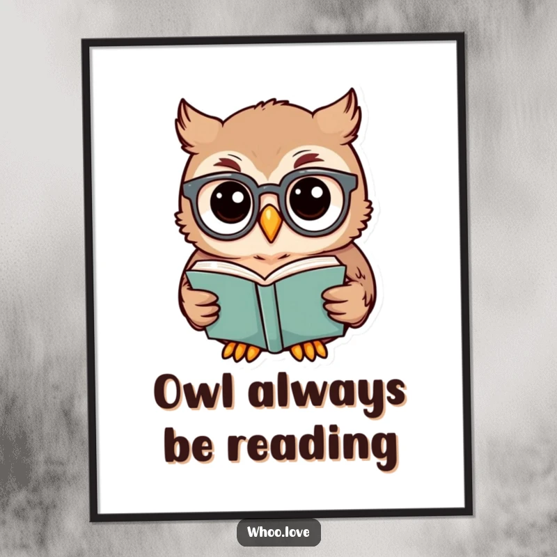 Funny Free Printable Wall Art: A charming owl in tiny spectacles reads a book with intense focus, adding wisdom.