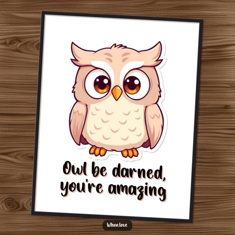 Funny Free Printable Wall Art depicting a wide-eyed, astonished owl character in a whimsical pose