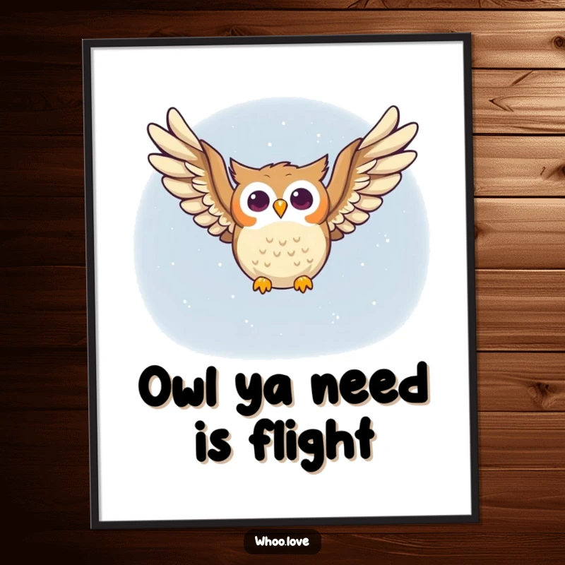 Funny Free Printable Wall Art: A happy owl soars majestically through the starry night sky, perfect for whimsical decor. Downloadable.