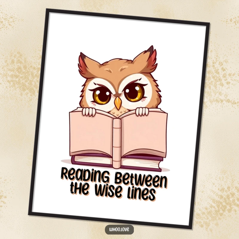 Funny Free Printable Wall Art: Mischievous owl character peeking with bright eyes from behind a very large book.