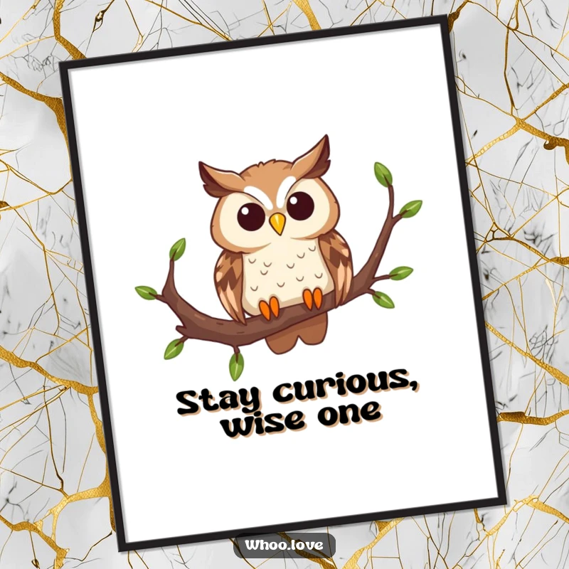Funny Free Printable Wall Art: Charming owl perching on a branch, head curiously tilted, offering a downloadable dose of personality.