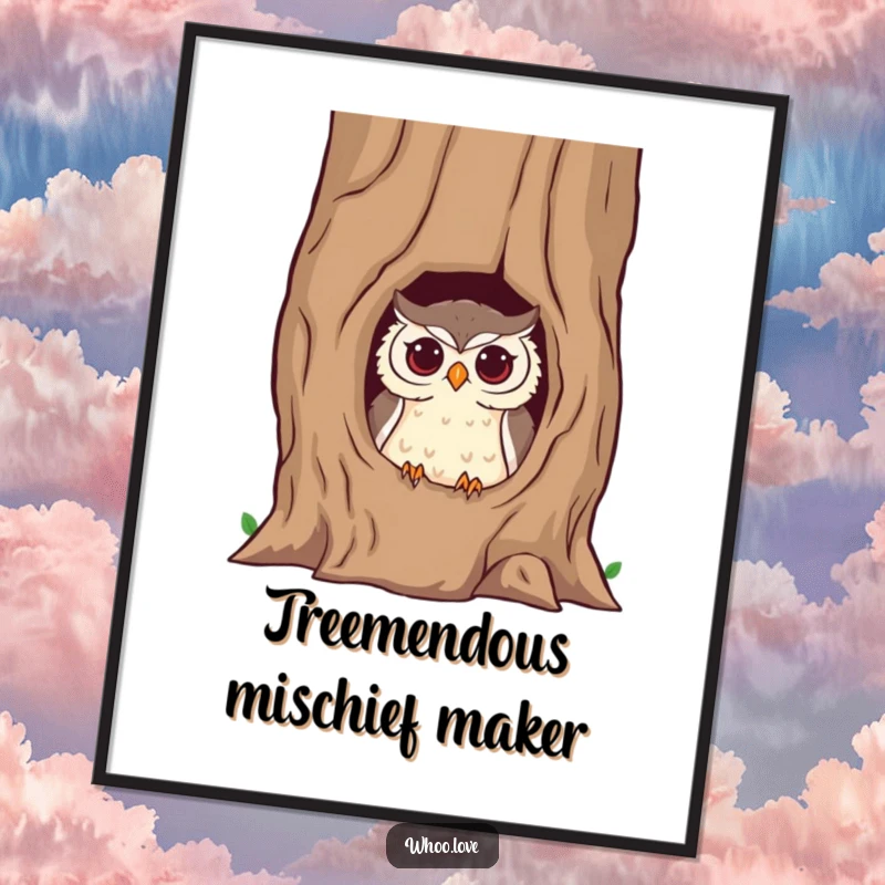 Funny Free Printable Wall Art: A mischievous owl with a sly grin peeks out from a hollow tree trunk. Whimsical art.
