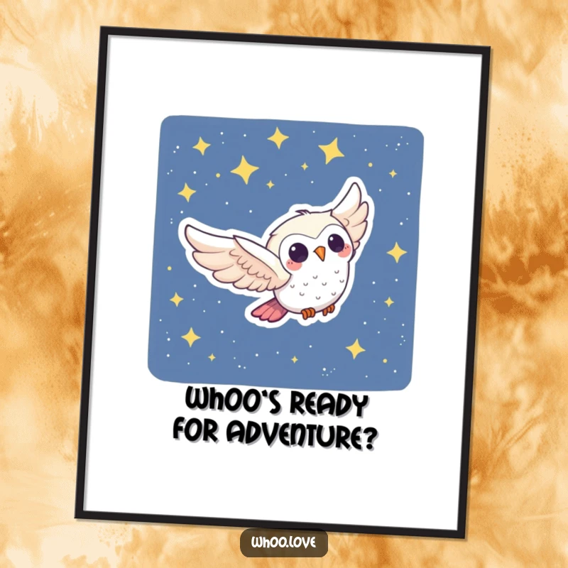 Funny Free Printable Wall Art: A Joyful Owl Character Swooping Through a Beautiful Starry Night Sky, Perfect for Dreamy Decor.