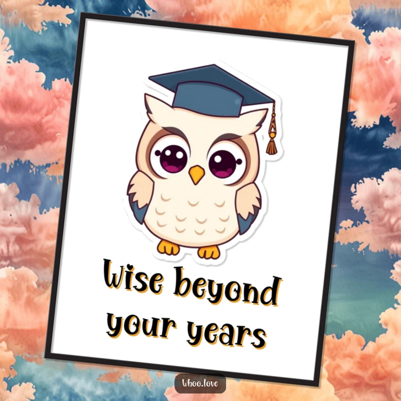 Funny Free Printable Wall Art of an owl sporting a tiny graduation cap, a smart and charming downloadable piece.