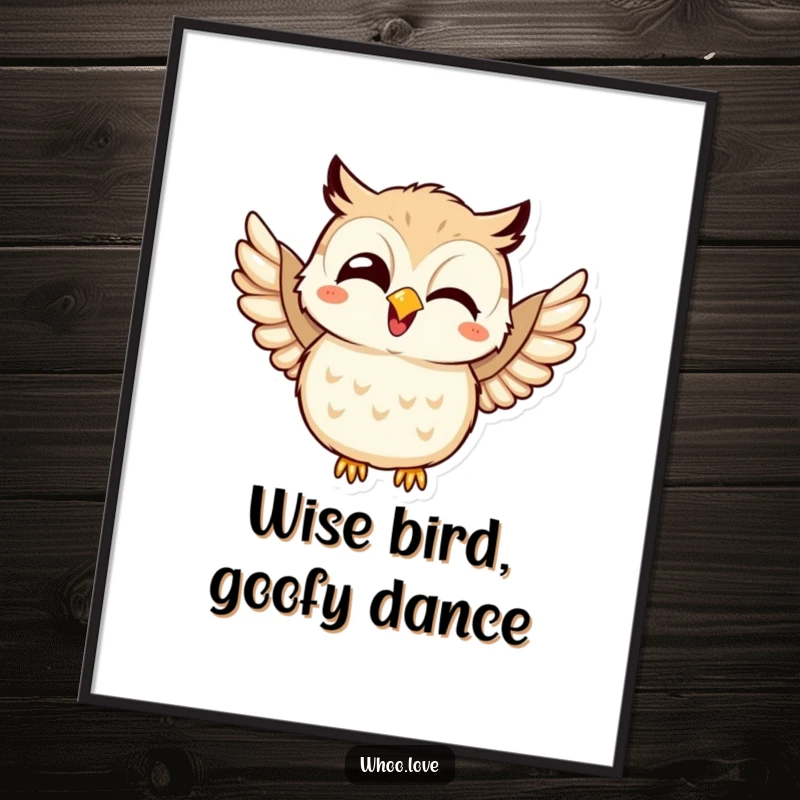Free Printable Wall Art: Adorable kawaii owl giggling gleefully, flapping its wings in pure delight. Cheerful decor.