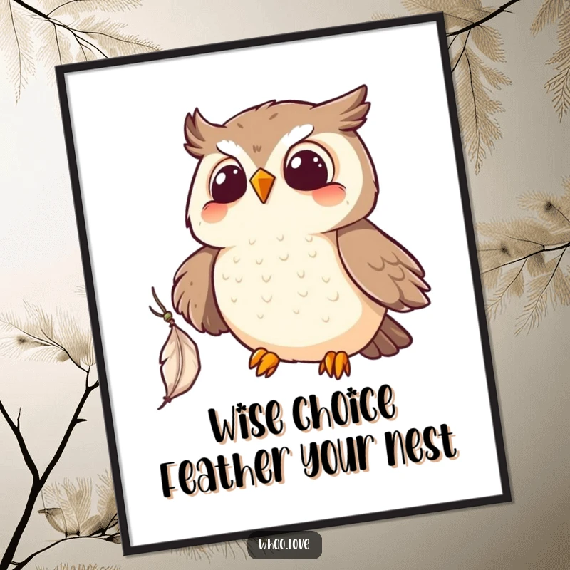 Funny Free Printable Wall Art: An energetic kawaii owl joyfully snatches a single falling feather mid-air.