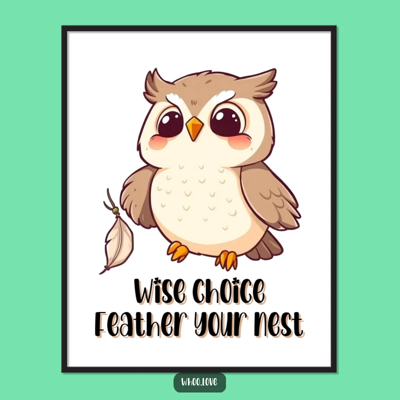 Free Printable Wall Art: Funny Kawaii Owl Feather Catch, Downloadable Quirky Decor!