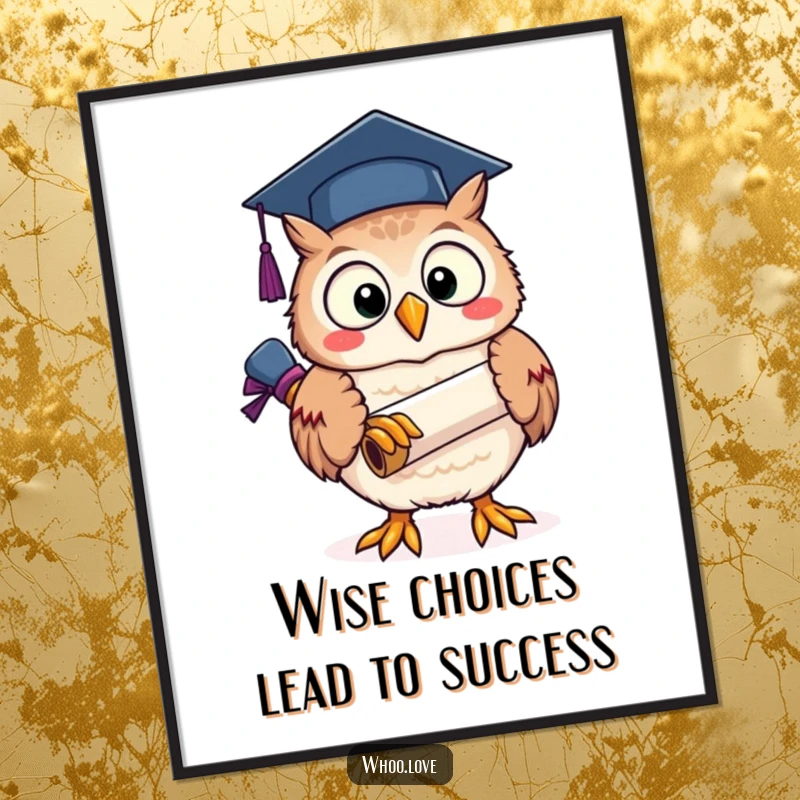 Funny Free Printable wall art of a gleeful owl holding a graduation scroll, symbolizing wisdom and a job well done.