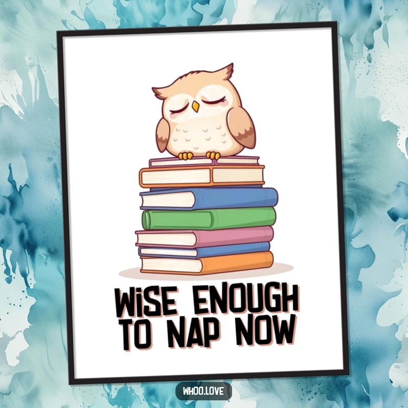 Funny Free Printable Wall Art: Sleepy owl dozing peacefully on a stack of enormous books, a downloadable piece of calm art.