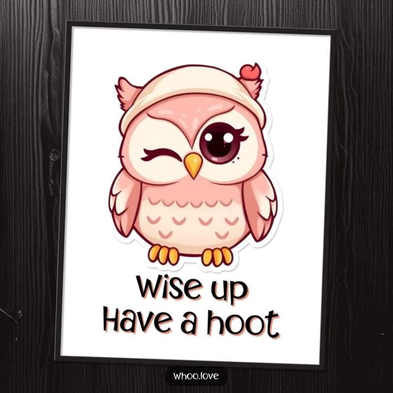 Funny Free Printable Wall Art showcasing a cute kawaii owl winking with one large eye, a miniature hat perched jauntily on its head.