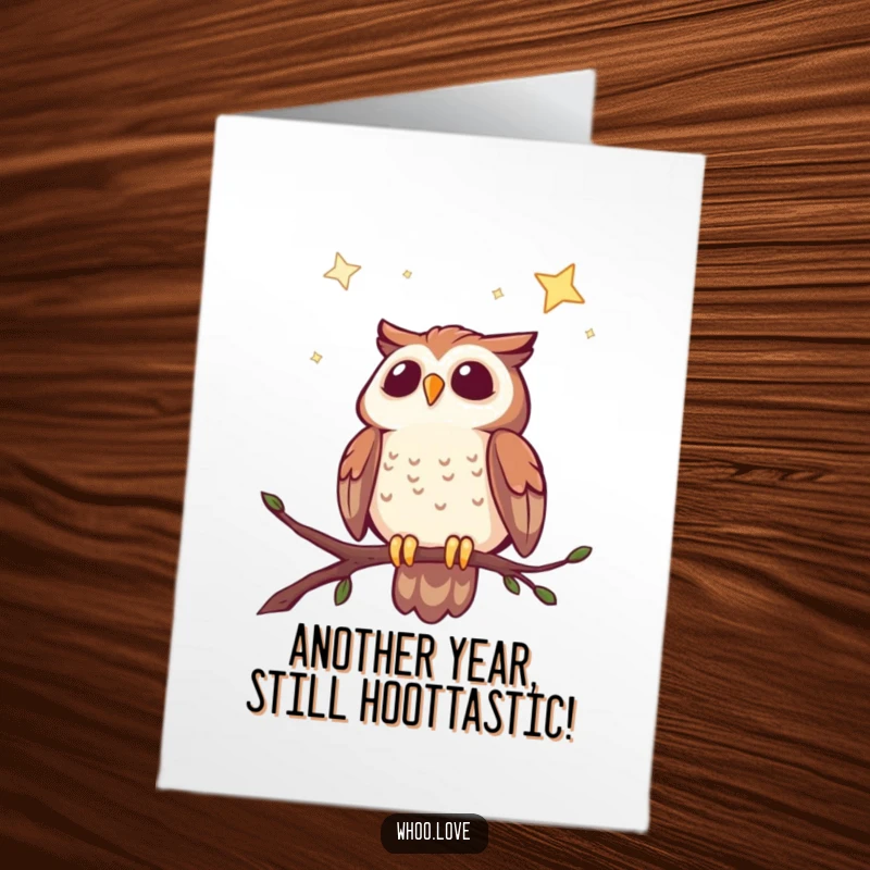 Funny Free Printable Birthday Card: Cheerful owl perched on a branch, gazing in delight at a beautiful starry night sky.