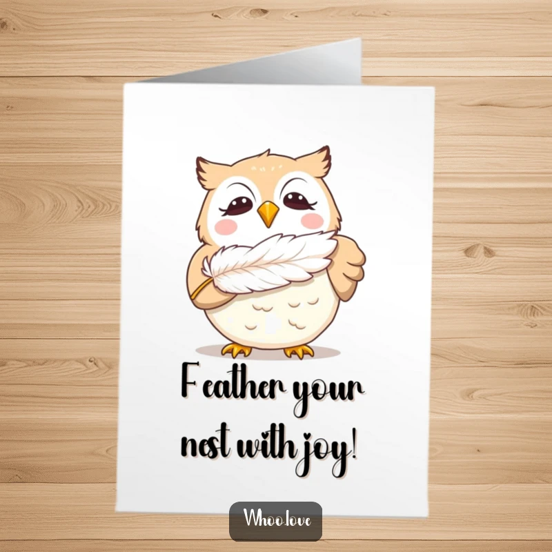 Funny Free Printable Birthday Card: Giggling owl joyfully blowing a fluffy feather, a downloadable burst of pure delight.