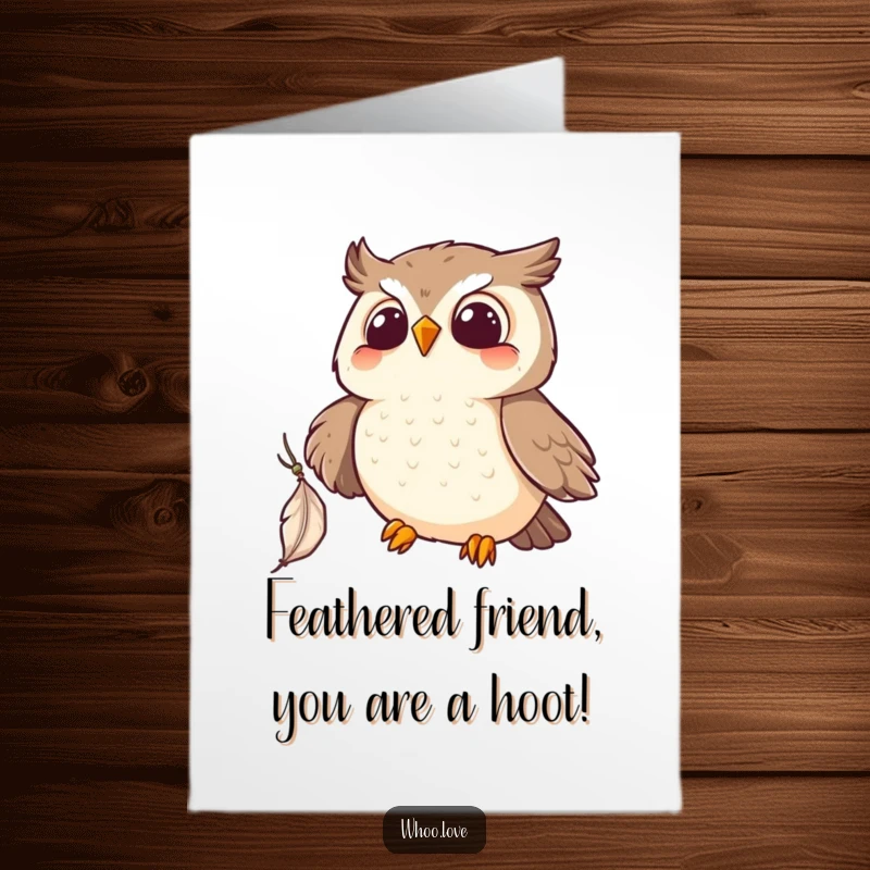 Funny Free Printable Birthday Card: Adorable kawaii owl joyfully snatches a falling feather, ready to celebrate.