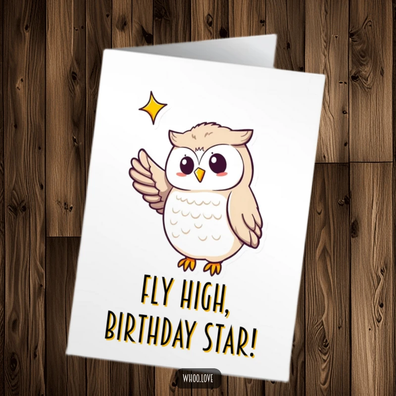 Funny Free Printable Birthday Card featuring a humorous owl with outstretched wing pointing to a bright, twinkling star.