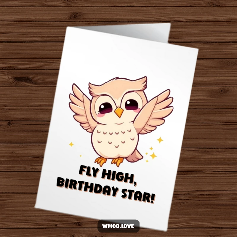 Funny Free Printable Birthday Card: Joyful owl fluttering wings, leaving a sparkly trail, a downloadable wish for a magical day.