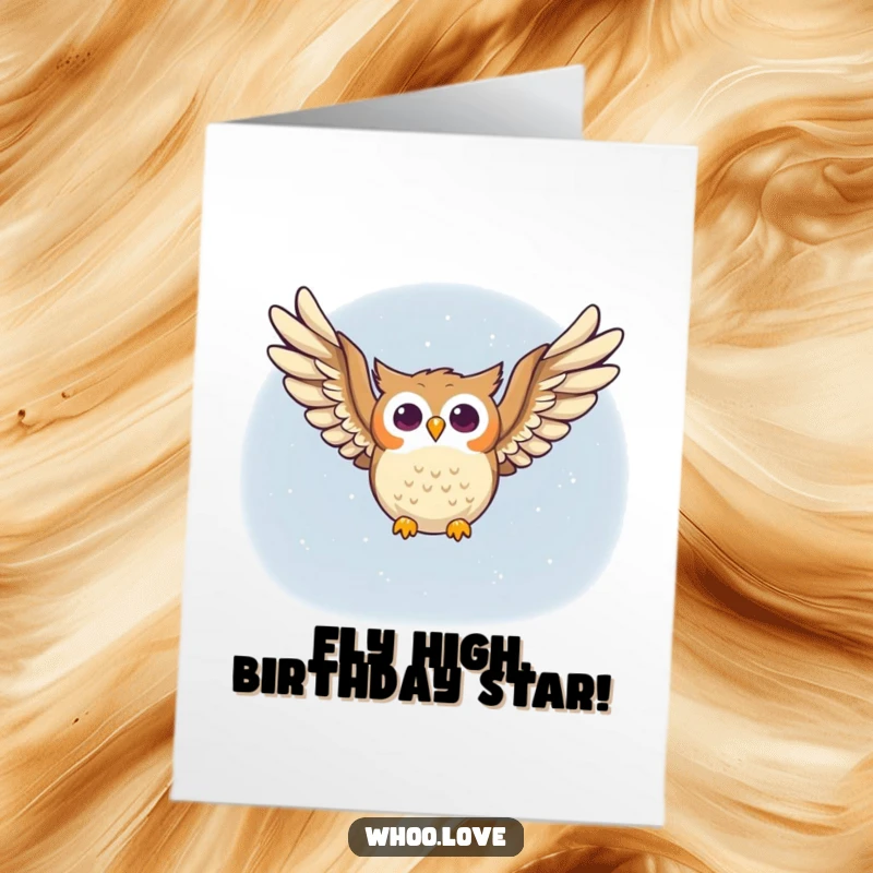 Funny Free Printable Birthday Card: A joyful owl flies through the night sky, wings spread, spreading birthday cheer. Perfect for download.