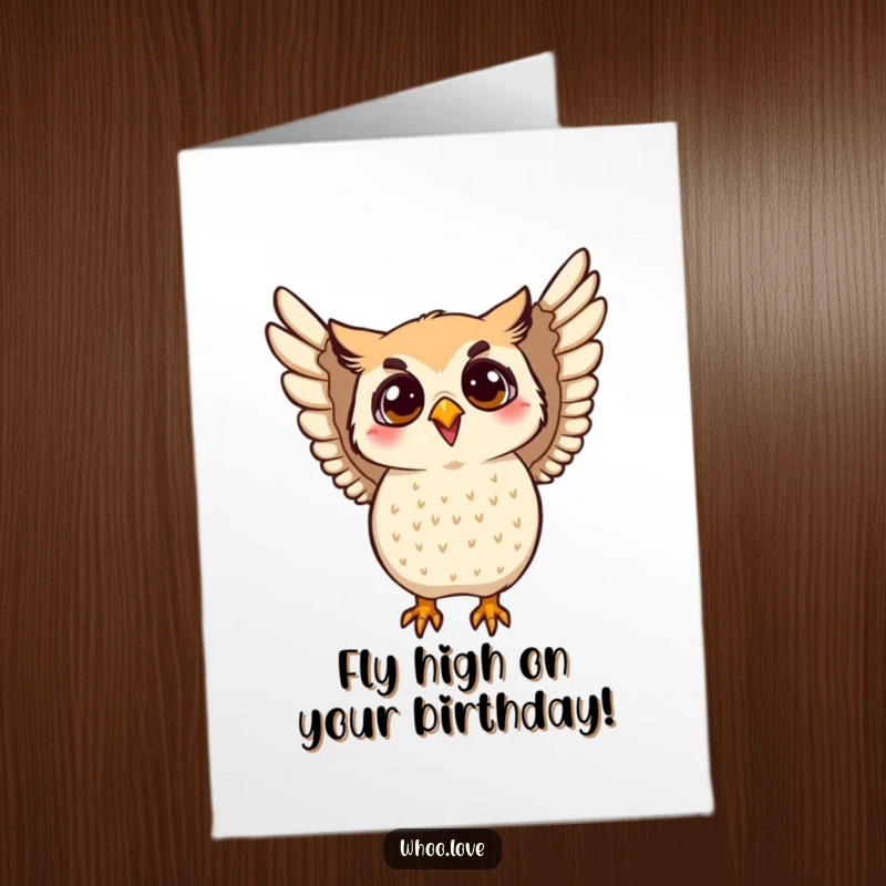 Funny Free Printable Birthday Card depicting an owl character energetically flapping its wings with excitement