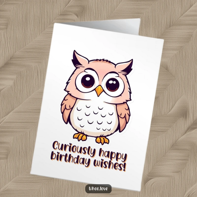 Funny Free Printable Birthday Card: An owl tilts its head inquisitively, wondering about the birthday celebration.