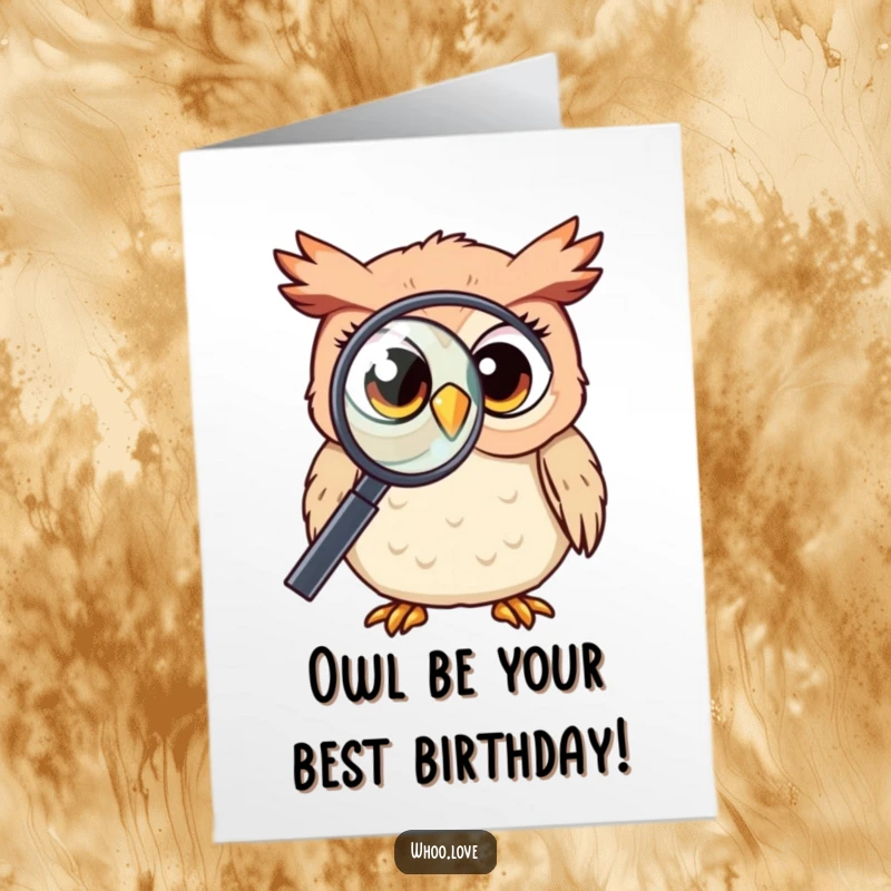 Funny Free Printable Birthday Card: A kawaii owl with wide eyes peers curiously through a magnifying glass.