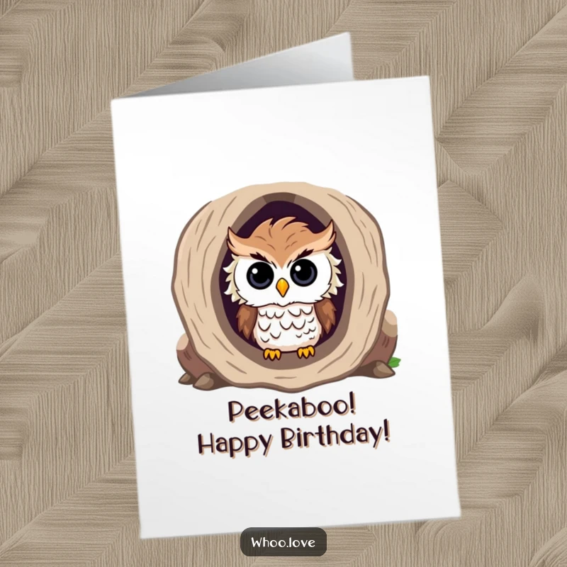Funny Free Printable Birthday Card: Curious owl with ruffled feathers peeking out from a hollow log for a birthday surprise.