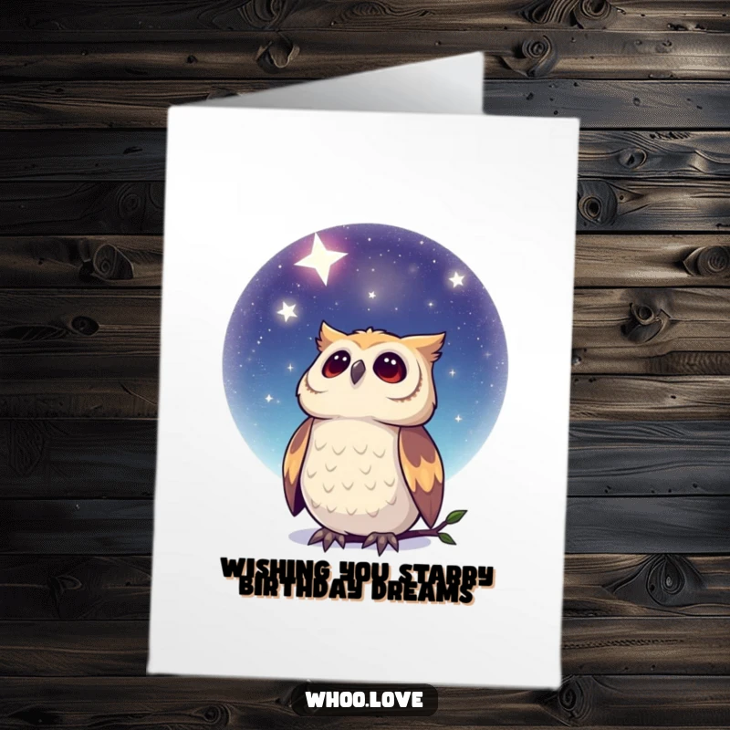 Free Printable Birthday Card: A dreamy owl gazing at a beautiful starry night sky, conveying wonder and peaceful birthday wishes.